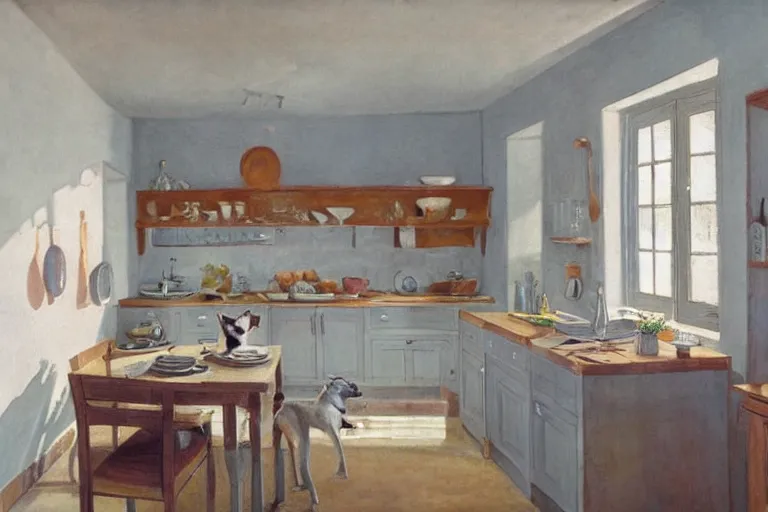 Prompt: Photography of modern Provence style kitchen with cat on the table, photorealism,