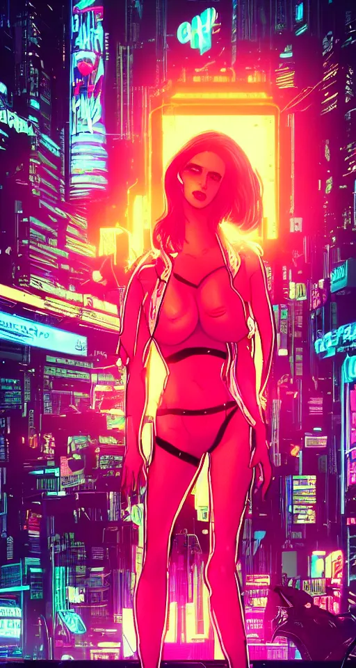 Prompt: comics, cyberpunk women, city, neon lights, glow, retrowave style, sunset,