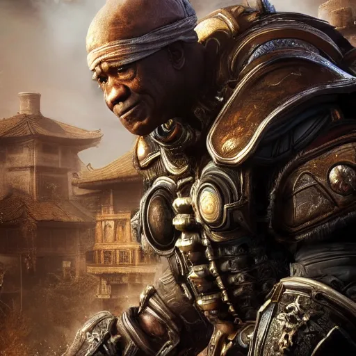 Prompt: asian!! bill cosby with conical hat in gears of war, splash art, movie still, detailed face, photorealistic facial features, cinematic lighting, dramatic, octane render, long lens, shallow depth of field, bokeh, anamorphic lens flare, 8 k, hyper detailed, 3 5 mm film grain