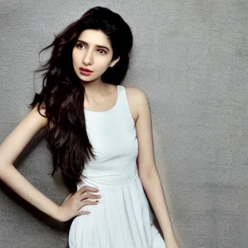 Image similar to Mahira Khan in white dress, studio lighting