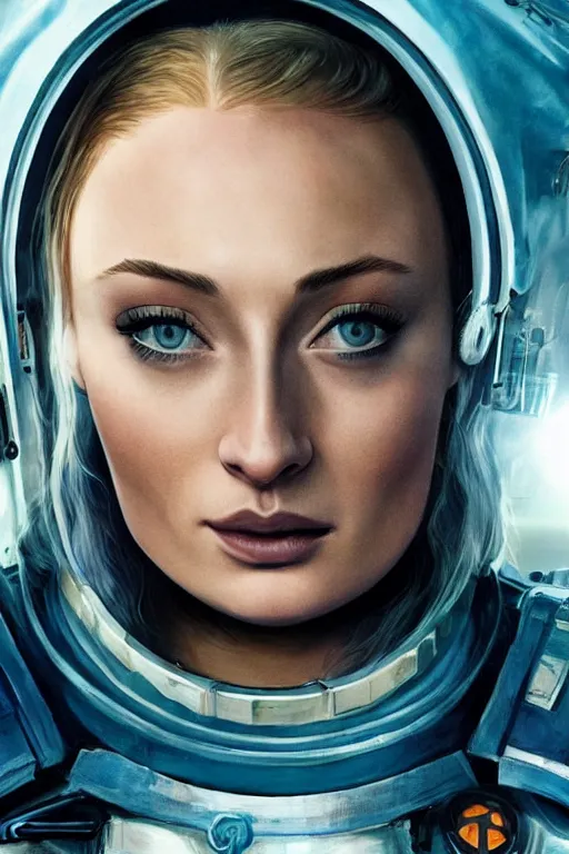 Image similar to Sophie Turner as a Space commander, detailed face