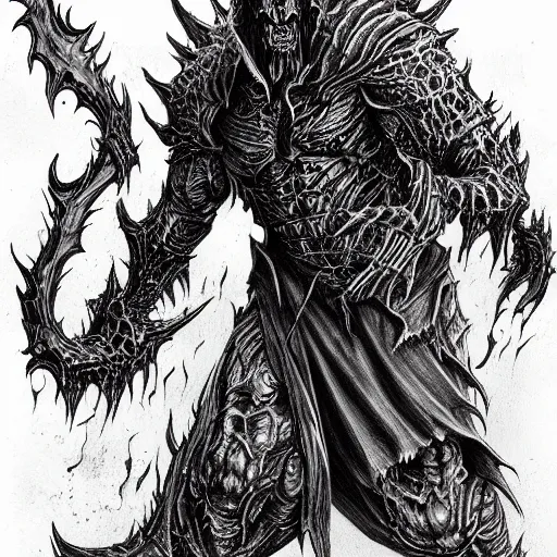 Prompt: full body character concept art diablo lord of terror engulfed in flames, detailed ink drawing by Dmitriy Tkach