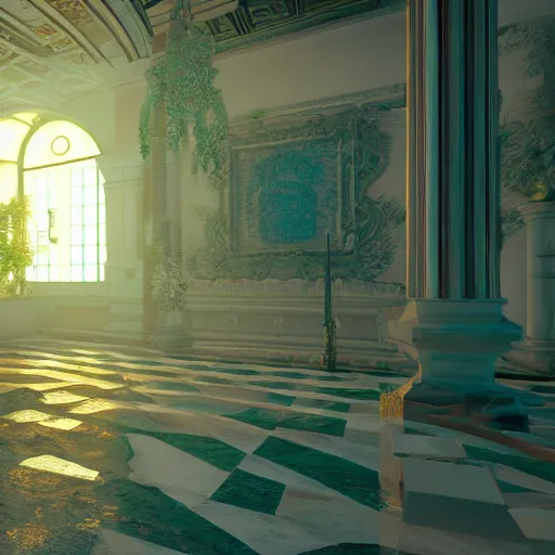 Image similar to vaporwave mansion, liminal space, high detail, rendered in unreal engine, 3d render, god rays, volumetric lighting, large windows, baroque, vegetation, golden lighting