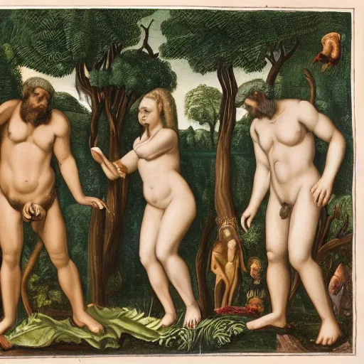 Image similar to God frowning in the Garden of Eden. Eve and Adam look guilty