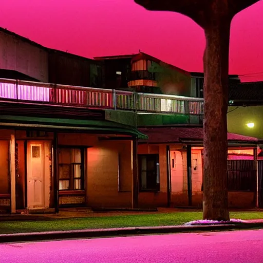 Prompt: nostalgic lonely suburb at night time, pink lighting.