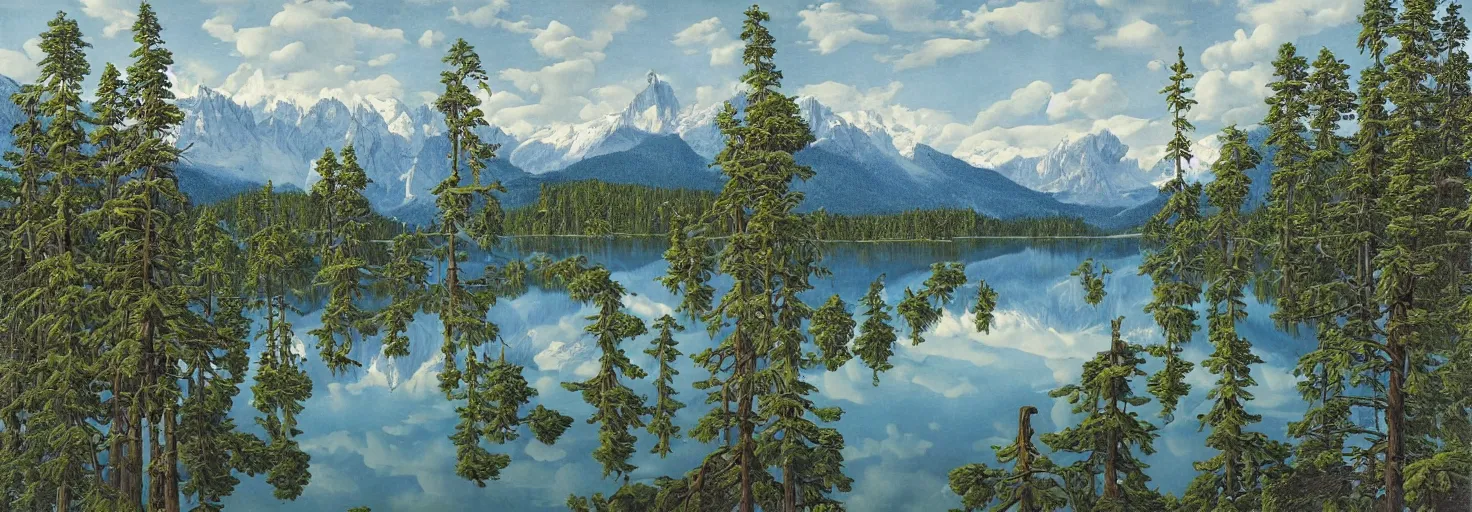 Image similar to escher painting of a lake, big trees reflecting on lake surface, mountains at background, snowy, ultra sharp, ultra detailed, uplifting emotion, colorized by salvador