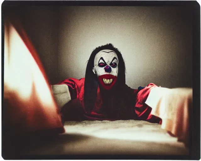 Prompt: polaroid photograph of a scary clown hiding under a bed, bedroom, moody lighting, horror