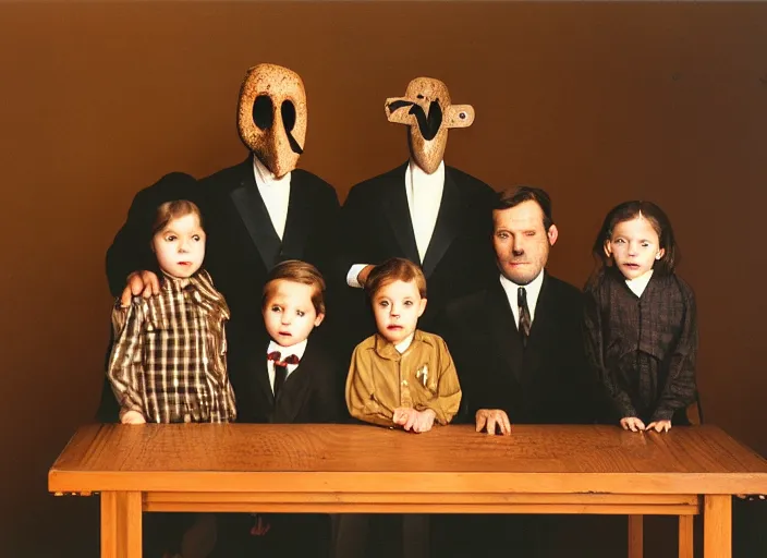 Image similar to realistic photo portrait of the family, brown mustard shirt, black tie, crow mask face, wooden polished and fancy expensive wooden laboratory hall interior with museum artifacts 1 9 9 0, life magazine reportage photo
