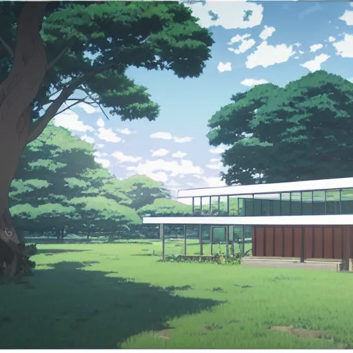 Image similar to farnsworth house in an anime film, directed by makoto shinkai, artbook