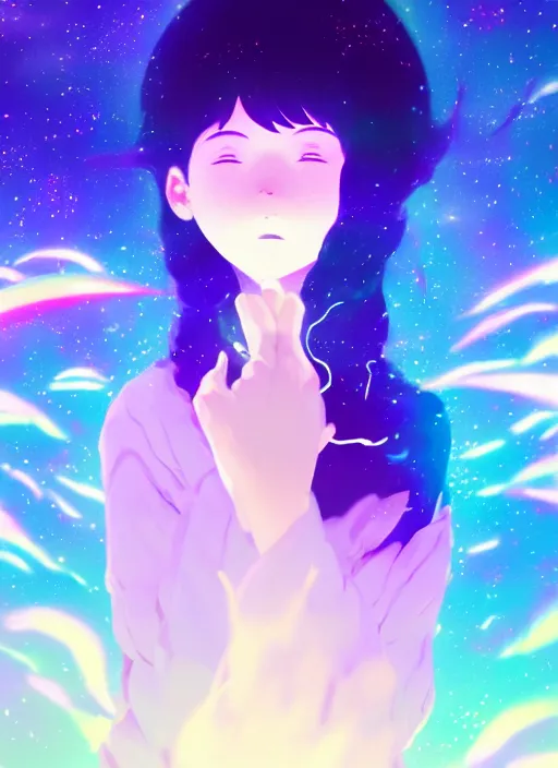 Image similar to portrait of a very cute girl blowing a vape cloud of psychedelic galaxies, smoke made of stars, white background, illustration concept art anime key visual, very trippy and abstract, trending pixiv fanbox by wlop and greg rutkowski and makoto shinkai and studio ghibli and kyoto animation