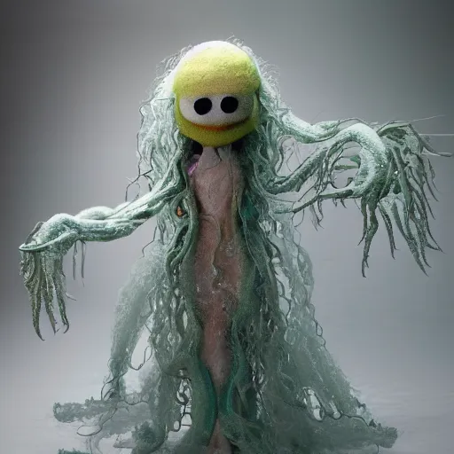 Prompt: ethereal spectral live action muppet ghost like figure with a very pronounced parasitic kraken head taking over its own with four long tentacles for arms that flow gracefully at its sides like a cloak, it has a mermaid like body with a snake tail instead of legs, it stalks around frozen forests searching for lost souls to consume, hides in the shadows of trees, this character uses hydrokinesis and electrokinesis, it is a real muppet by sesame street, photo realistic, real, realistic, felt, stopmotion, photography, sesame street, monsters inc pixar