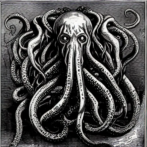 Image similar to a portrait of cthulhu, illustration by Gustave Doré