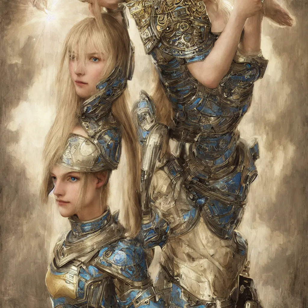 Image similar to armored beautiful pale platinum - blonde young woman with light blue eyes, soft gaze, a golden round halo around her head, wearing a fine decorated silver breastplate, painted by john william waterhouse : : 0. 5, epic fantasy, masterpiece, portrait, fine art, digital art, detailed, ultra - hd, cinematic, volumetric, intricate