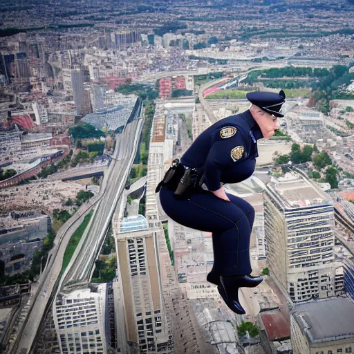 Image similar to Photo of a police officer inflated like a blimp. She's huge and round and floating over a cityscape.