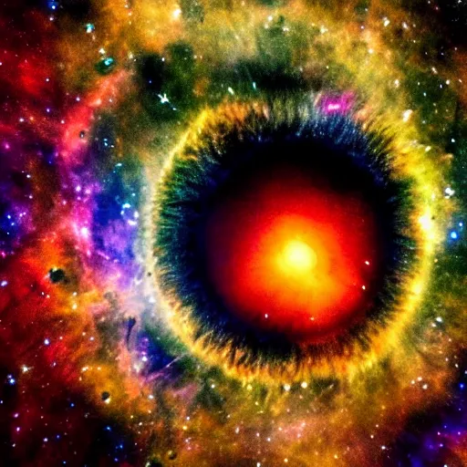 Image similar to Extreme close up on an eyeball and inside the eyball there is a colorful nebula with a human fetus floating in the center