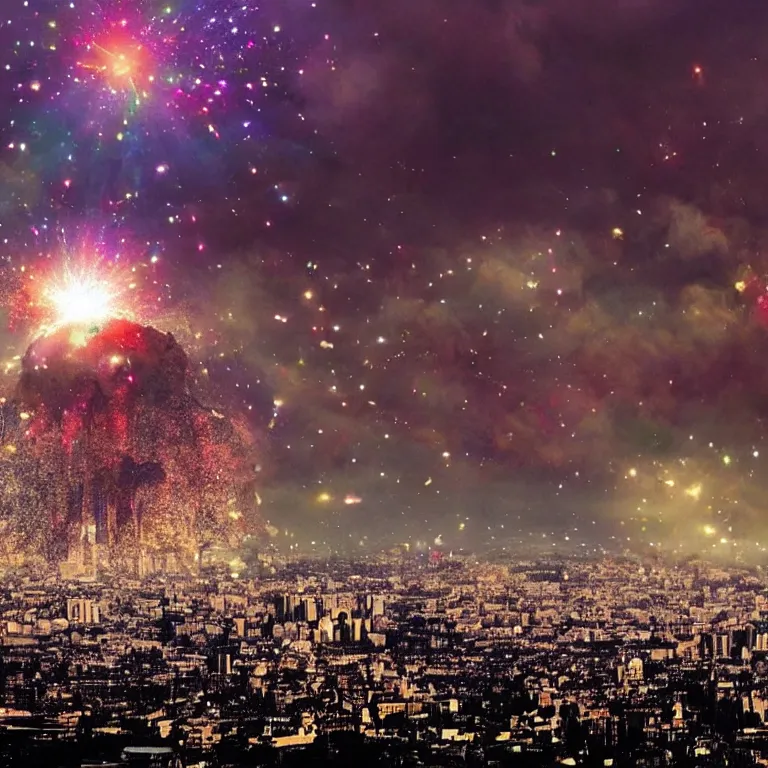 Image similar to huge glitter bomb explosion above city, mushroom cloud, flash illuminating city