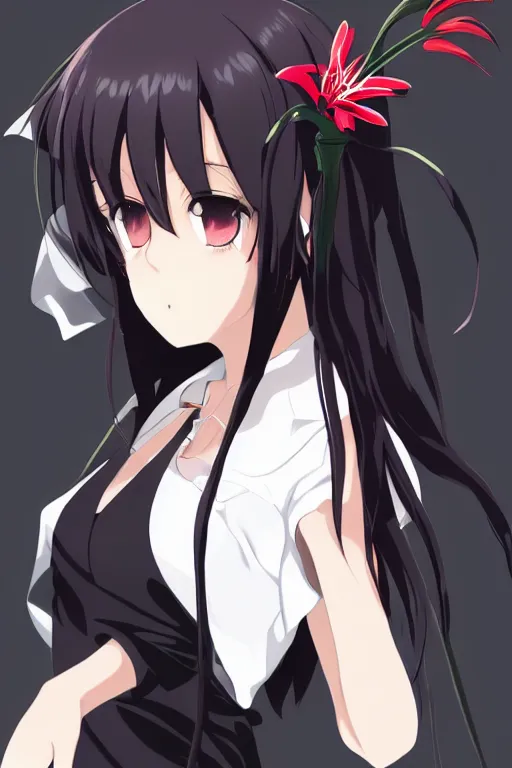 Image similar to Key anime visual of a beautiful girl with black hair and red eyes holding a spider lily; wearing white blouse with black tie; trending on Pixiv; digital art