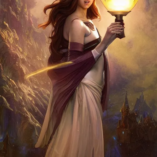 Image similar to anna kendrick holding a glowing wand in one hand and a large leather bound book, fantasy, intricate, elegant, highly detailed, digital painting, artstation, concept art, matte, sharp focus, illustration, in the style of magic the gathering, art by artgerm and greg rutkowski and alphonse mucha