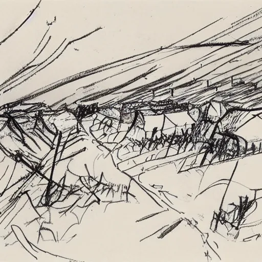 Image similar to milt kahl sketch of world war 1 trenches with the city of miami in the background