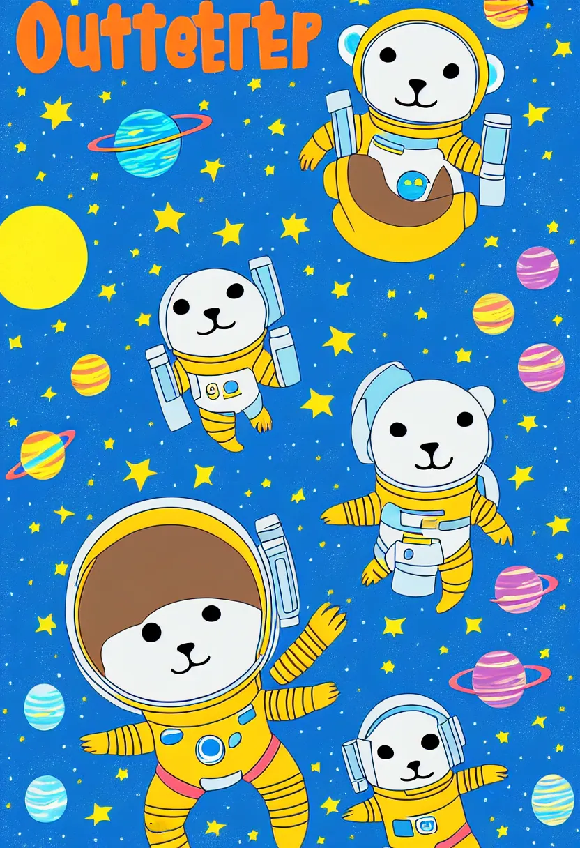 Prompt: childrens book cover, cute otter astronaut in a space suit. Outer space. otter space