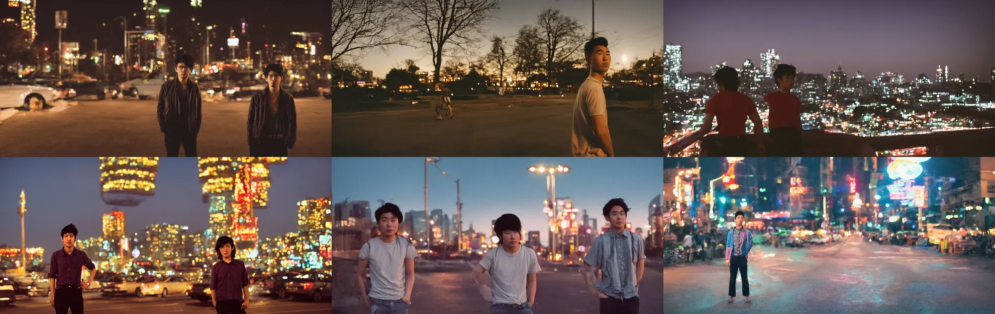 Prompt: a pretty disco rock young Asian man with messy very long curly dark brown hair under the ufo soft top light, twilight city on the background, by Lubezki, 80mm focal length, anamorphic 80mm lens, city twilight landscape, cinematic, Kodachrome film