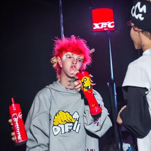 Image similar to bladee eating kfc chicken on stage at the drain gang concert