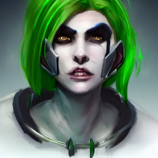 Image similar to concept art of a cyberpunk orc hacker girl with green hair and tusks. Trending on artstation