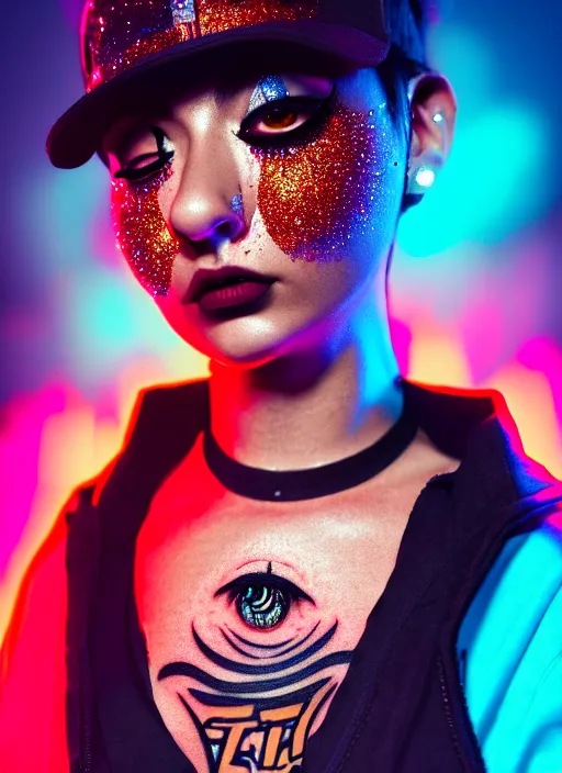 Image similar to a streetwear Studio Trigger style mixed woman wearing thick mascara, crying, a city on fire in the background, police lights shine on her face, tattoos, dark glitter, Cinestill 50d, 4k, 8k, hd, full color, octane render, trending on artstation, highly detailed