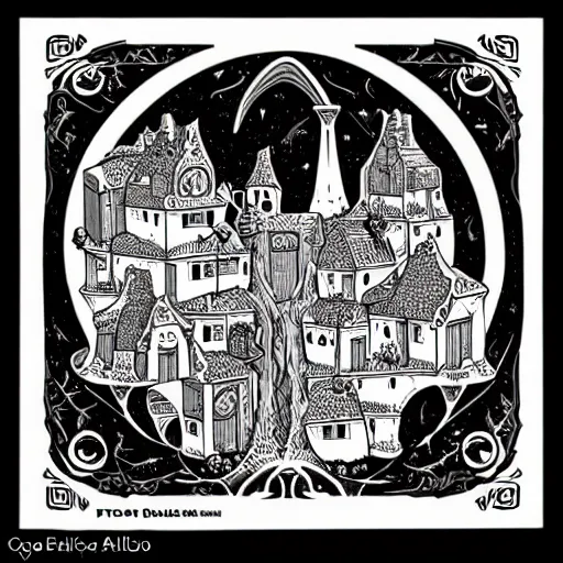 Prompt: square sticker of a hobbit palace, by joe fenton, white background, masterpiece