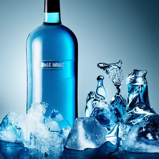 Image similar to an award - winning advertisement photo of a mystical blue liquor bottle with a snowy mountain and ice, drammatic lighting, sigma 5 0 mm, ƒ / 8, behance