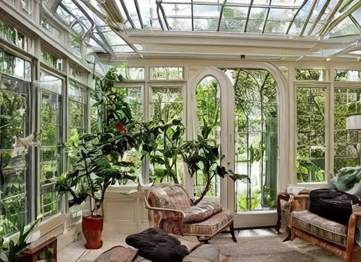 Prompt: beautiful home library in a glass conservatory, elegant, plants, interior design