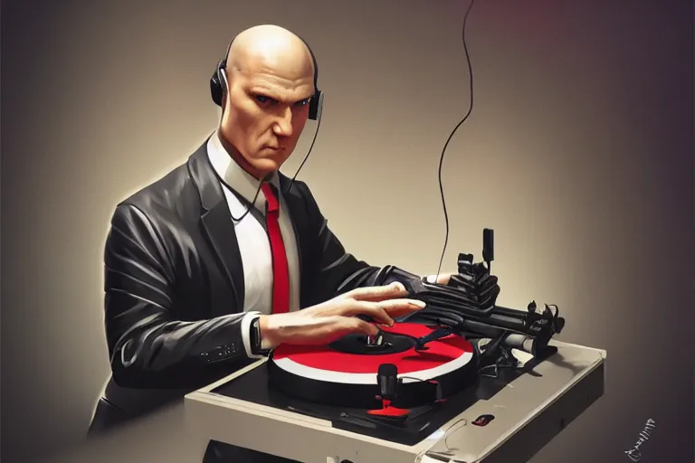 Prompt: a portrait of agent 4 7 from hitman wearing headphones and putting a vinyl record onto a turntable, dark background, red rim light, digital art, artstation, concept art by giger stalenhag