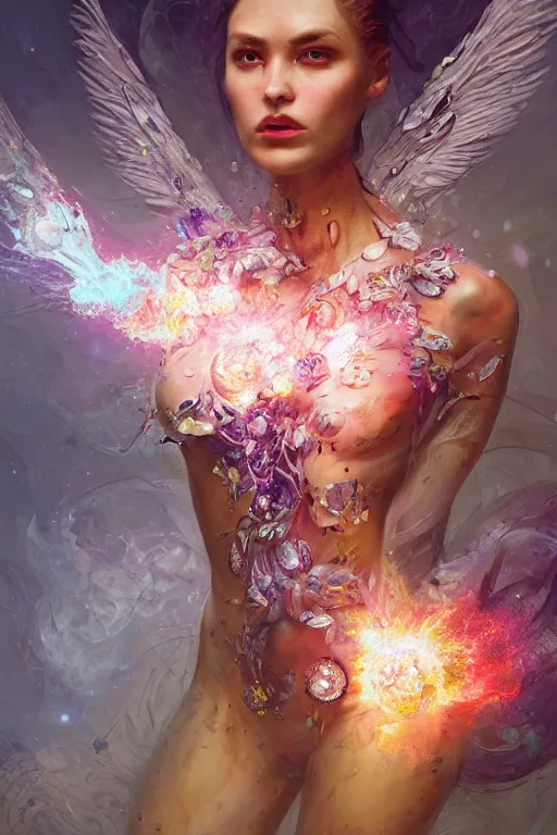 Image similar to torso closeup model wearing exploding flower crystal dress, sorcerer, diamonds, angel, fantasy, dramatic lighting, highly detailed, digital painting, holding electricity, magic the gathering, hyper detailed, 3 d render, hyper realistic detailed portrait, peter mohrbacher, wlop, ruan jia