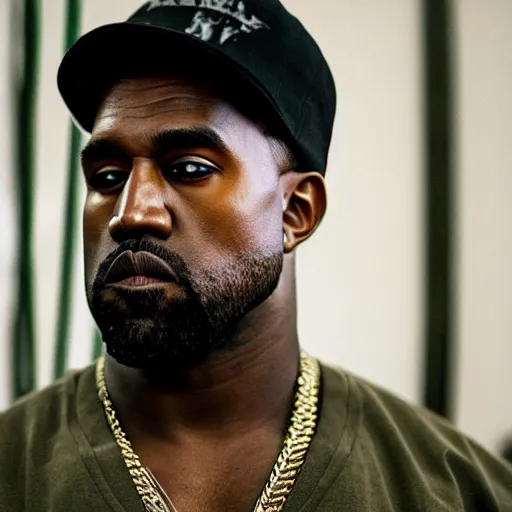 Image similar to first shot of kanye west in rambo remake gang activity, ( eos 5 ds r, iso 1 0 0, f / 8, 1 / 1 2 5, 8 4 mm, postprocessed, crisp face, facial features )