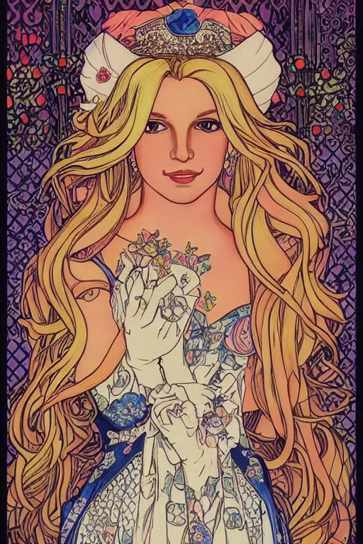 Image similar to britney spears as princess peach painted on wood!! by audrey kawasaki and mucha, blonde,, beautiful dress, long hair