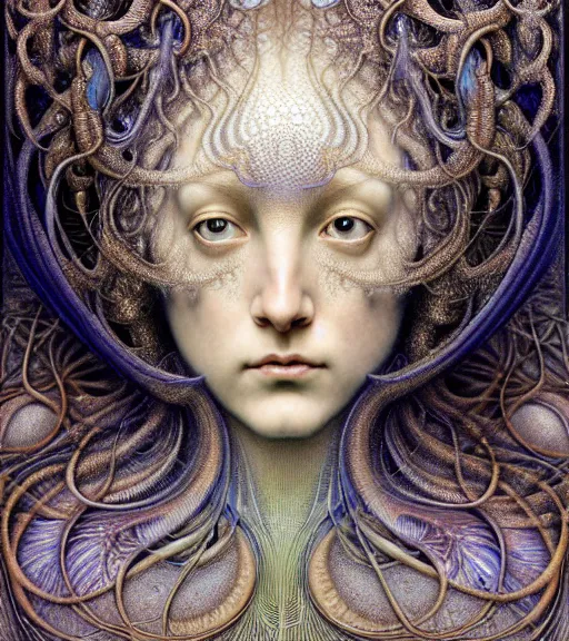 Image similar to detailed realistic beautiful pearlescent goddess face portrait by jean delville, gustave dore, iris van herpen and marco mazzoni, art forms of nature by ernst haeckel, art nouveau, symbolist, visionary, gothic, neo - gothic, pre - raphaelite, fractal lace, intricate alien botanicals, biodiversity, surreality, hyperdetailed ultrasharp octane render