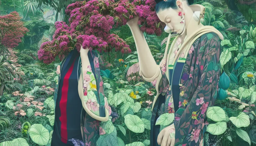 Image similar to a digital painting of a woman wearing gucci exploring a magical japanese temple, lush plants and flowers, eco - cyberpunk art by james jean, cgsociety, retrofuturism, anime aesthetic, chromatic, iridescent, uhd