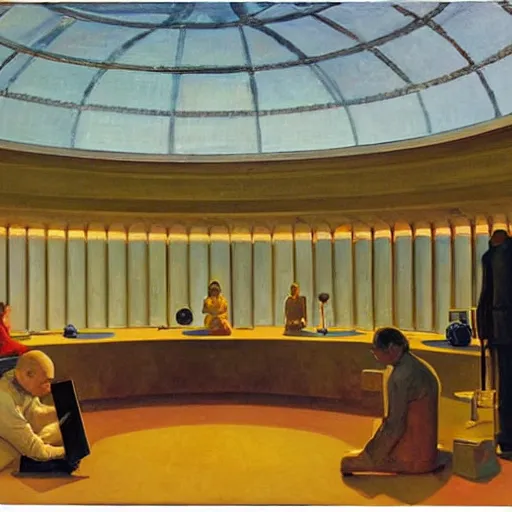 Image similar to scientists testing an experimental quantum plasma reactor in a dome - shaped control center, grant wood, pj crook, edward hopper, oil on canvas