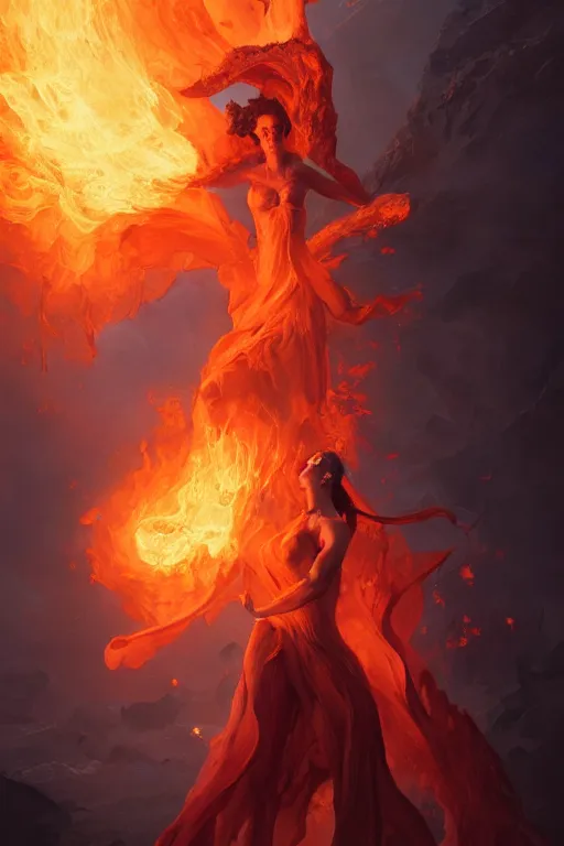 Image similar to eldritch volcanic fire goddess clothed in a flaming gown, volcanic embers, magma, detailed matte fantasy portrait, dynamic lighting, by greg rutkowski, by peter mohrbacher, by brom, hyperrealism, detailed face, 8 k dop dof hdr