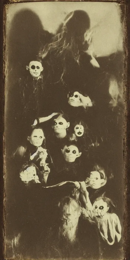 Image similar to spirit photography with glowing bulbous ectoplasm, scary reed people, sleep paralysis demon, 1 9 0 0 s, slimer, mourning family, invoke fear and dread, old photograph, daguerreotype