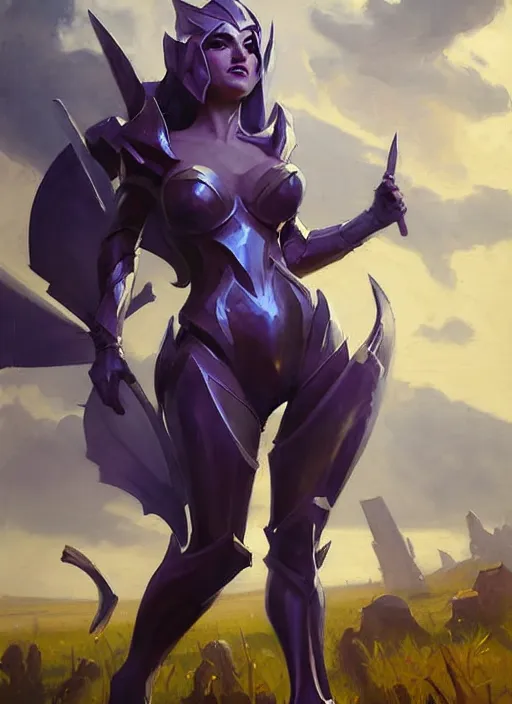 Image similar to Greg Manchess painting of Syndra from League of Legends wearing Forerunner Armor from Halo, countryside, calm, fantasy character portrait, dynamic pose, above view, sunny day, thunder clouds in the sky, artwork by Jeremy Lipkin and Giuseppe Dangelico Pino and Michael Garmash and Rob Rey, very coherent asymmetrical artwork, sharp edges, perfect face, simple form, 100mm