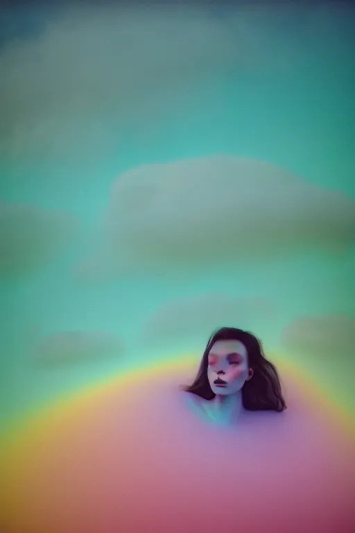 Image similar to high quality pastel coloured film close up wide angle photograph of a model wearing clothing swimming on cloud furniture in a icelandic black rock!! environment in a partially haze filled dreamstate world. three point light, rainbow. photographic production. art directed. pastel colours. volumetric clouds. pastel gradient overlay. waves glitch artefacts. extreme facial clarity. 8 k. filmic.