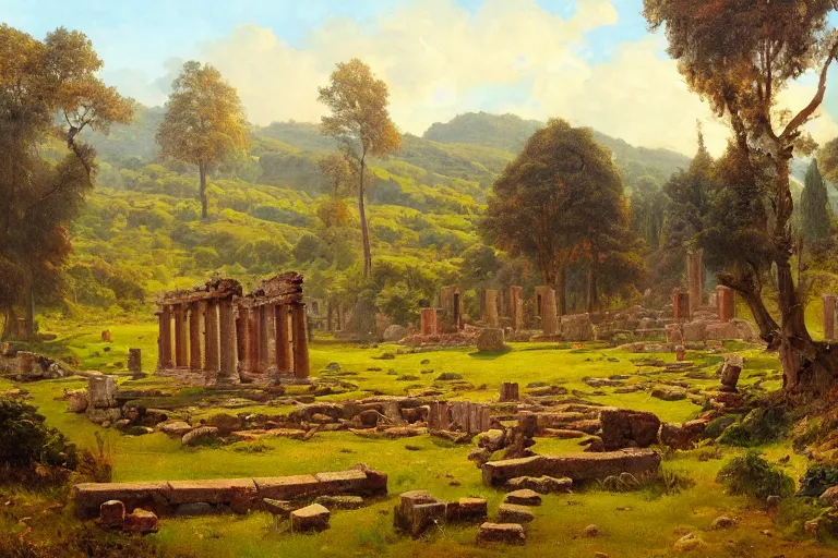 Image similar to temple ruins on a field with hills and trees in the distance, very detailed, focused, oil painting, colorful, canvas, artstation, Antoine Pierre Mongin