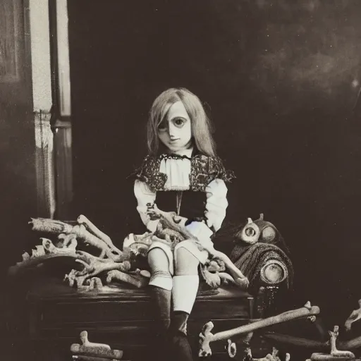 Image similar to a photo of young sad victorian gothic child with big eyes and wide grin sitting on a sofa of bones surrounded by a cyber futuristic cityscape made of human body parts, color, 5 0 mm, award winning photography