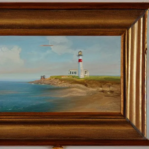 Image similar to painting of a coastal landscape with a lighthouse, by Aleksander Rostov