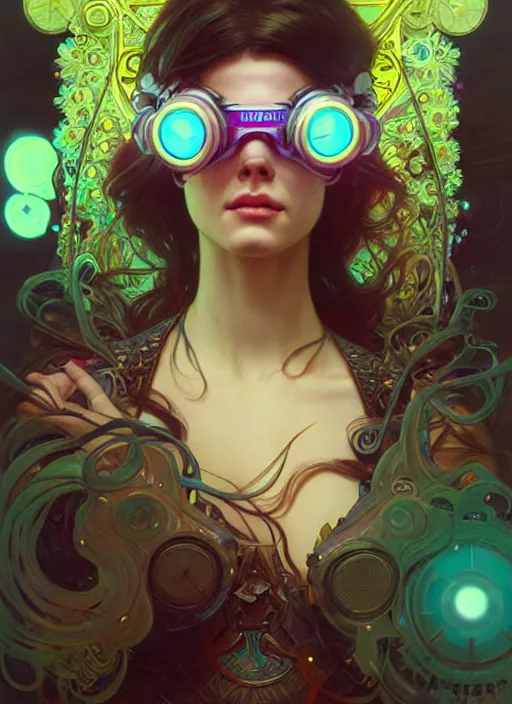 Prompt: lovely woman wearing futuristic goggles in distress, neon flowers, ultra realistic, concept art, intricate details, eerie, highly detailed, photorealistic, 8 k, unreal engine. art by artgerm and greg rutkowski and magali villeneuve, alphonse mucha