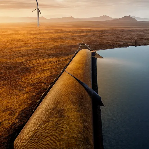 Image similar to humongous wind-turbine in the distance, by Greg Rutkowski, iceland landscape, golden hour, dramatic lighting, epic, gargantuan, intricate detail, 4k, 8k