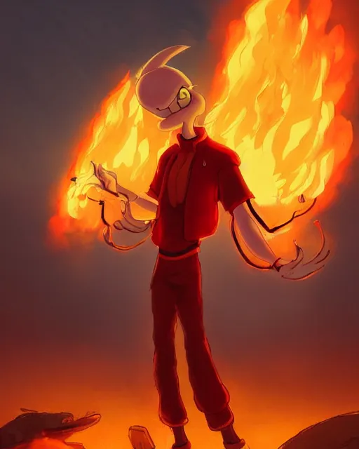 Image similar to squidward wearing fire nation clothing and practicing firebending outside at susnset, [ [ [ [ [ [ [ [ greg rutkowski ] ] ] ] ] ] ] ]