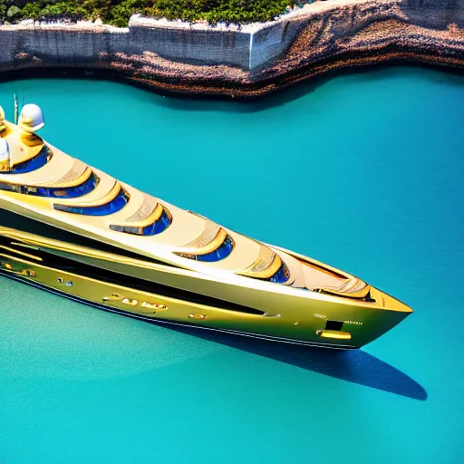 Image similar to gold plated mega yacht with two swimming pools and a helicopter landing pad, docked at harbor, clear and focused, elegant, photograph