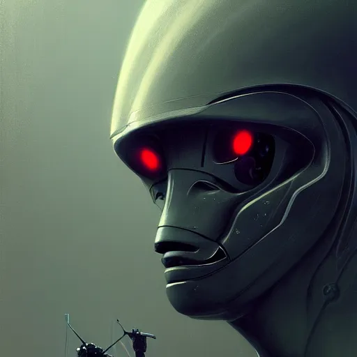 Image similar to dark digital concept art portrait of a high - tech robot on a depth of field background, artstation, award - winning realistic sci - fi concept art by jim burns and greg rutkowski, beksinski, a realism masterpiece, moody color palette, james gilleard, bruegel, alphonse mucha, and yoshitaka amano